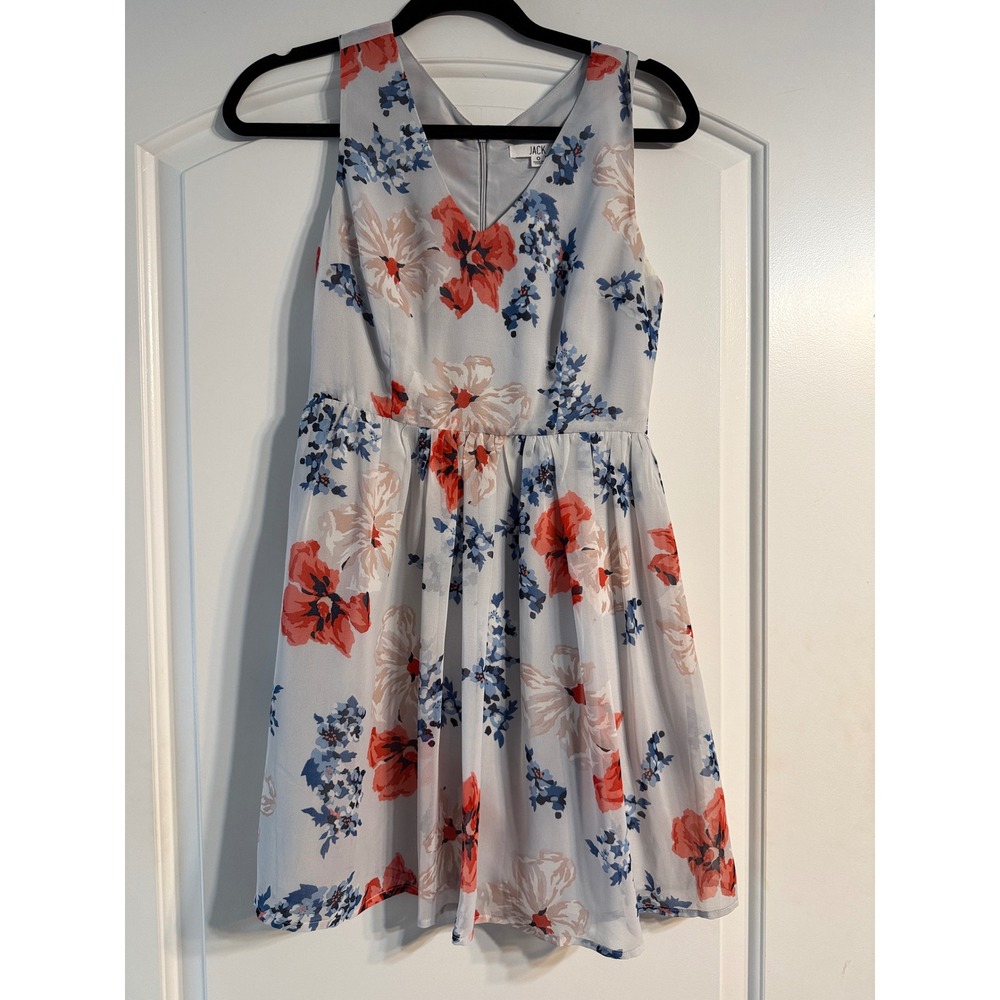 Jack Floral Mini Dress Size 0 Grey Orange V-Neck Sleeveless Cottoncore Chiffon